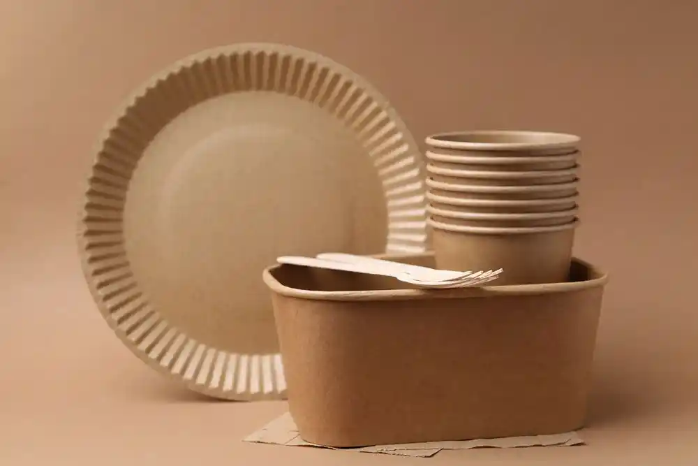 Karton tabak, üst üste dizilmiş bardaklar ve içinde plastik çatal bulunan kâğıt kap