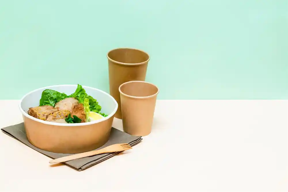 Salata kasesi, iki karton bardak ve ahşap çatal-bıçak takımı
